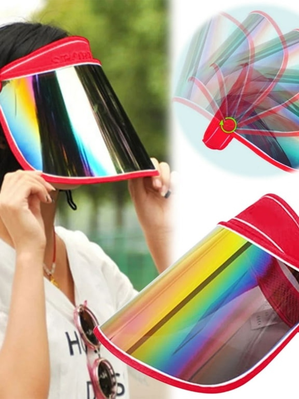 Rainbow Mirrored Face Shield Sun Visor Hat Red Trim UV Protection